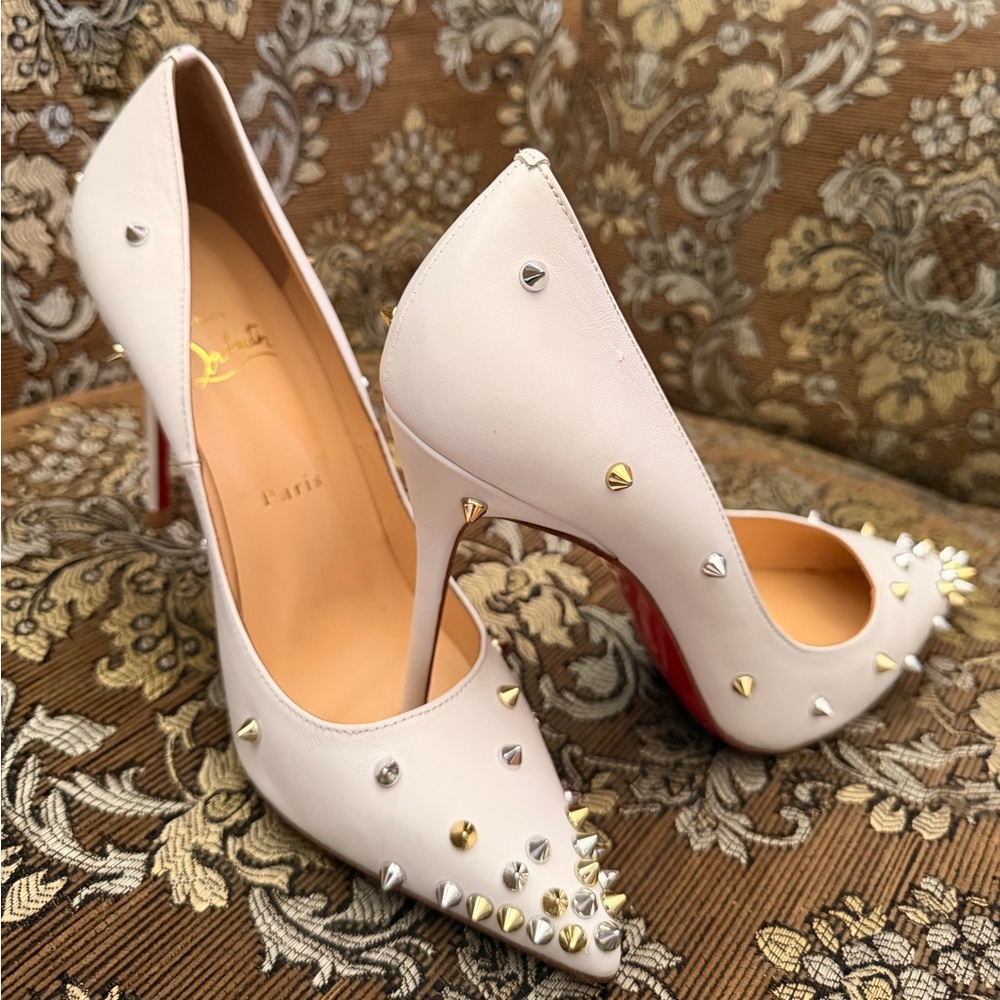 Christian Louboutin Ivory Leather Studded Pointed Pumps